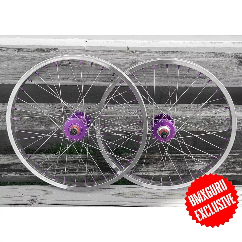 20" 7X style Sealed High Flange Flip-Flop BMX Wheelset - Pair - Polished / Purple