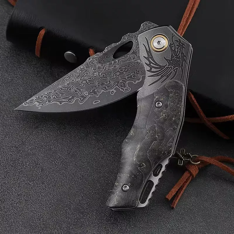 Galaxy Japanese Damascus Folding Pocket Knife with Maple Burl Wood Handle
