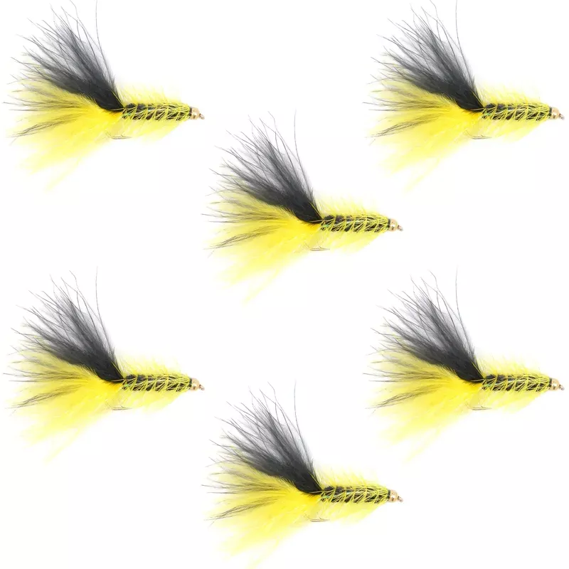 Yellow Black Bead Head Crystal Woolly Bugger Classic Streamer Flies – Set of 6 Trout Fly Fishing Flies – Hook Size 8