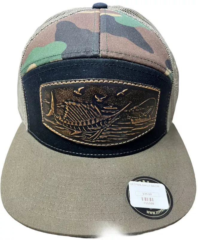 Zep-Pro 7 Panel Hat Black/Camo Sailfish Hat Adjustable Leather Patch